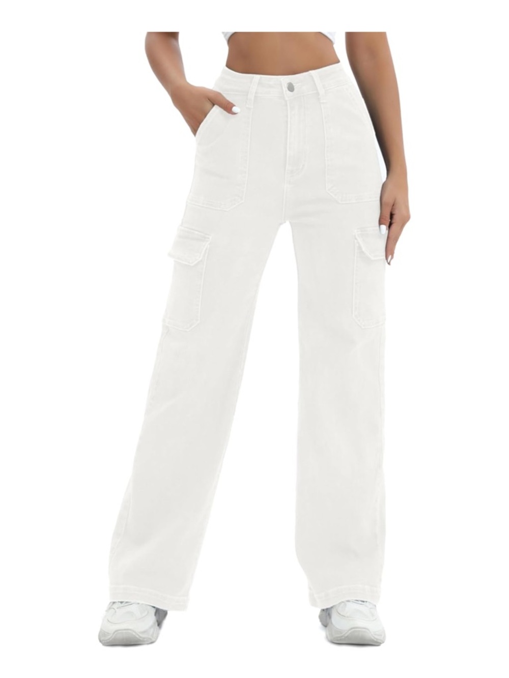 High-Rise White Cargo Wide-Leg Jeans for Women